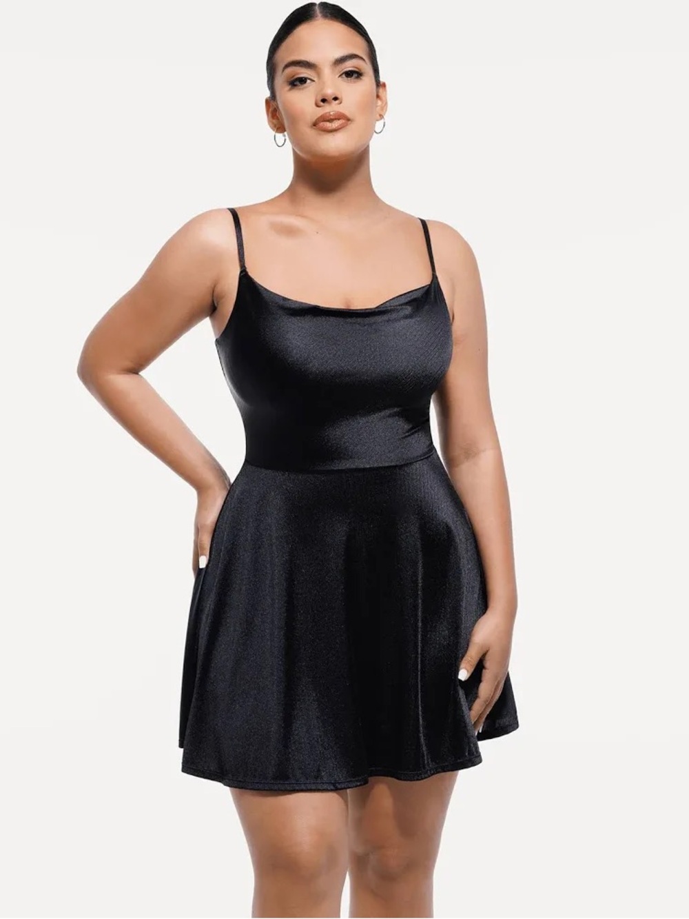 Popilush Black Cowl Mini Dress with Spaghetti Straps
